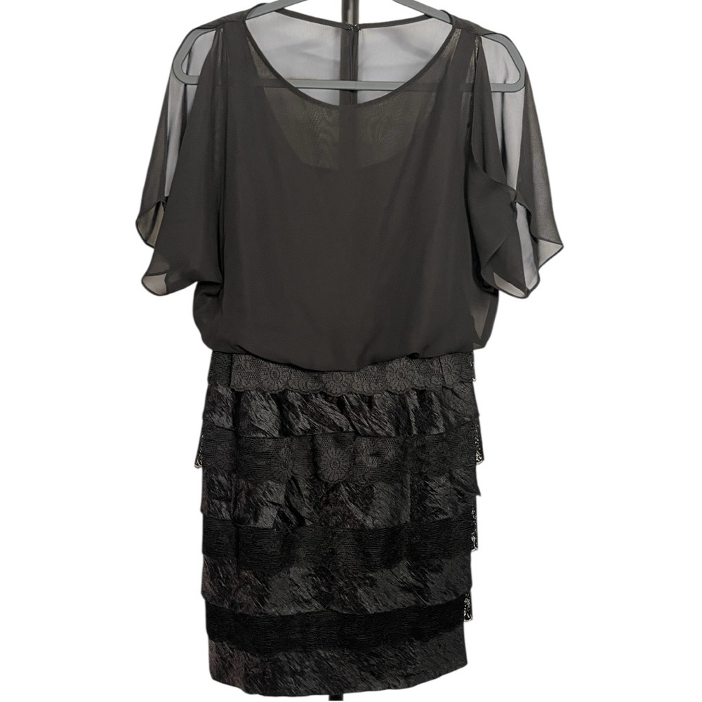 London Times Dress Black Blouson Tiered Ruffle Cocktail Size 4